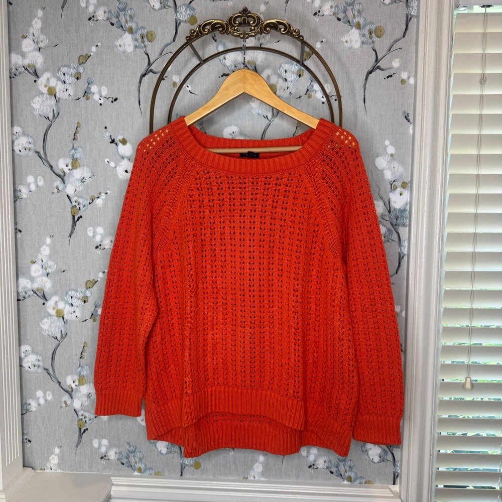 Talbots Womens XL Orange Open Knit Pointelle Raglan Sleeve Pullover Sweater